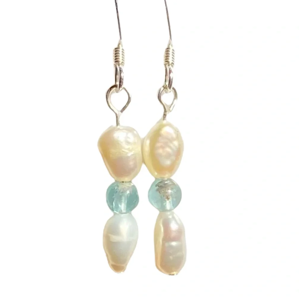 Hand Crafted Earrings White Pearls & Apatite .925 Silver Dangle Long Pierced - Picture 3 of 5